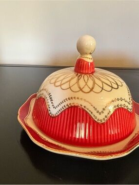 Red and Cream Ceramic Covered Butter Dish with Gold Accents